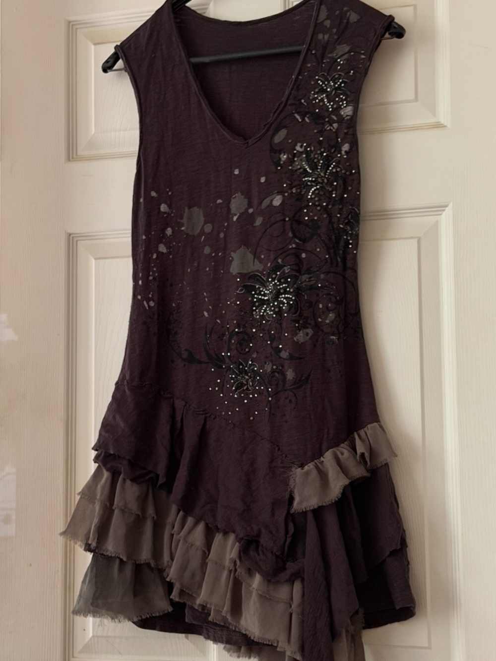 One Of A Kind V-Neck Drop Waisted Asymmetrical Ruffled Mini Dress, Size S